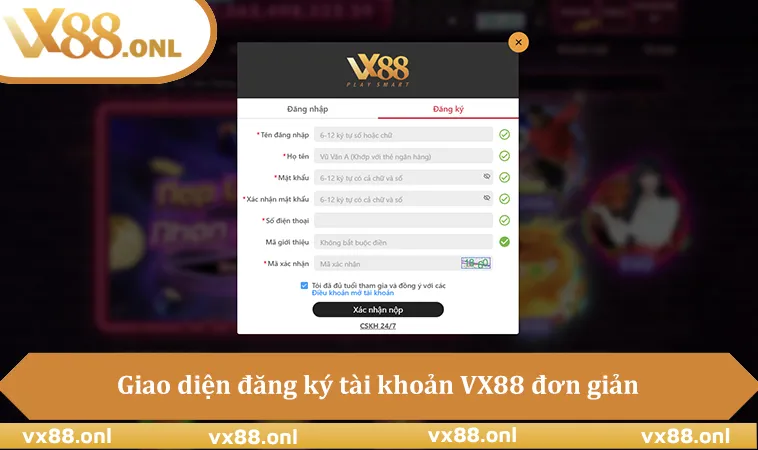 Giao diện đăng ký tài khoản VX88 đơn giản